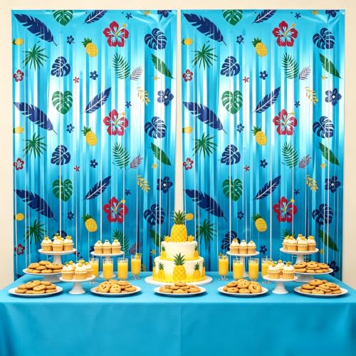 Image of TONIFUL 2Pcs Blue Hawaiian Metallic Tinsel Foil Fringe Curtain Streamer