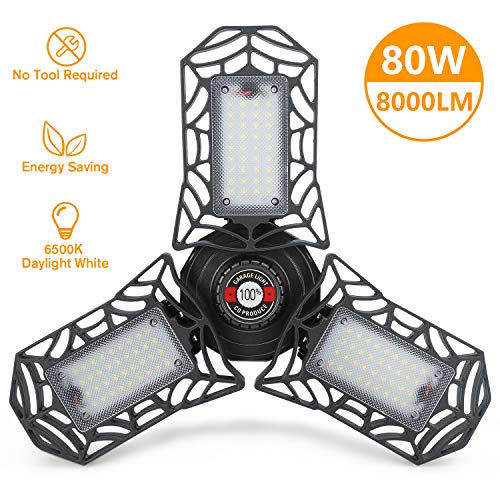 LED Deformable Garage Lights 80W, TASMOR LED Garage Ceiling Light Fixture with 3 Adjustable Panels, 8000LM Super Bright 6500K Daylight E26/E27 LED Shop Light for Garage, Workshop (No Motion Activated)