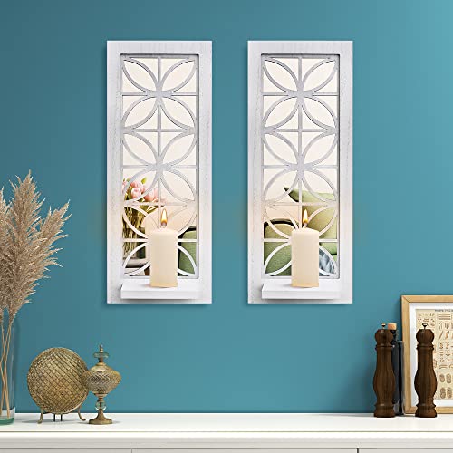 Aeveco Mirrored Wall Candle Holder Set Of 2, Rustic Wooden Candle Sconces For Living Room, Home Decor (White (Style 1)) #TOP1