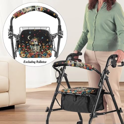 Image of Universal Rollator Accessories Covers Floral Skull Rollator Walker Seat and Backrest Covers Soft Walkers Seat Covers for Seniors Women Men