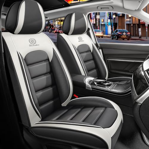 Image of Front Set Car Seat Covers for Jeep Compass 2007-2026, Waterproof Stain-Resistant Seat Cover, Premium Nappa Leather Seat Protectors with Storage Pockets(Standard 2 Seats /Grey&White)