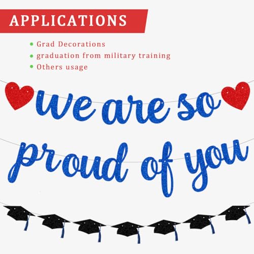 Image of Pre-Strung We Are So Proud of You Banner Garland for Veterans Day Congratulation Graduation Party, NO DIY Black and Blue Glittery Letter Hat Sign for School Classroom, Home Party