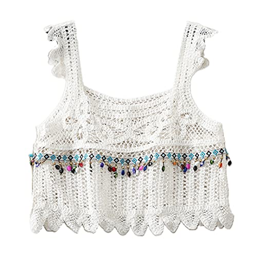 Women Beach Ruffle Sleeveless Crop Top Boho Hollow Crochet Knit Square Neck Camisole Crystal Beaded Tassel Vest