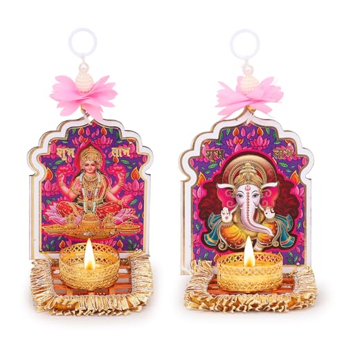 Image of Akaar Decor Lakshmi Ganesha Diya Hanging Set of 2 | Decorative Wall Hanging Tea Light Holder with Floral Accent | Diwali Decoration for Home, Pooja Room, Temple & Mandir Decor