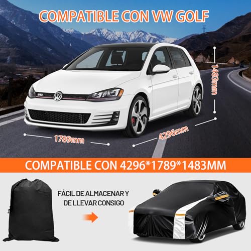 Image of Car Cover for VW Golf (2008-2025), Car Cover, Waterproof, Breathable, Full Garage Car Cover for Protection, Rain, Sun and Dust, Cover with Zip and Cotton (Black)