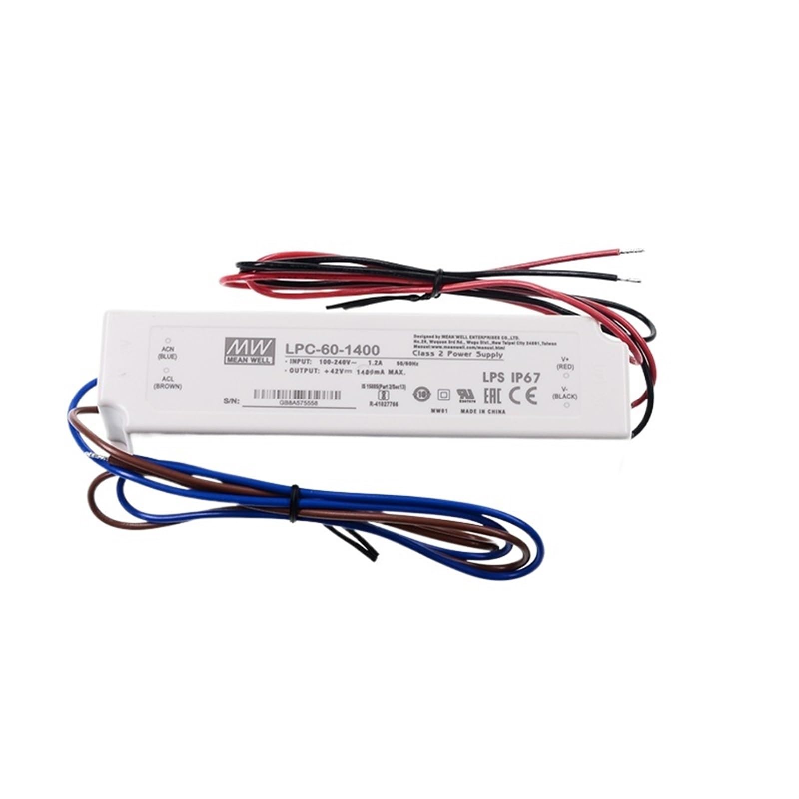 FCARUMIQP LPC-60-1400 Switching Power Supply 110V/220V AC to 9~42V DC 1400mA 58W Water Proof IP67 LED Driver