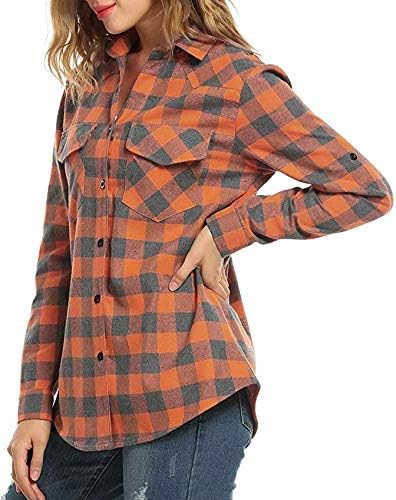 Genhoo Womens Flannel Shirts Roll Up Long Sleeve Plaid Shirt Collared Button Down Gingham Casual Top S-4XL - Image 6