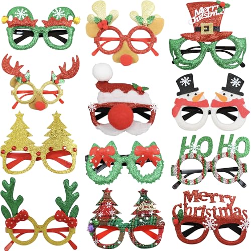 BASHOUT Christmas Glasses | 12pcs Holiday Theme Eyeglasses | Funny Xmas Prop Glasses | Party Favor Set | Photo Booth Eyeglass Frames | One Size Fits All Xmas Frames