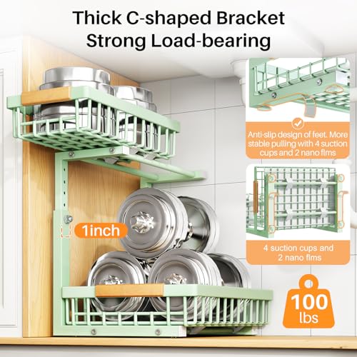 Image of PXRACK Under Sink Organizer, Adjustable Height, 2 Tier Pull Out Under Cabinet Organizer, Slide Out Thickened Metal Under Sink Storage for Kitchen Bathroom Laundry Pantry Cabinet, Green, Large-1-Pack