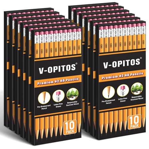 V-Opitos Wood-Cased #2 HB Pencils, 120 Pack Bulk Pre-Sharpened Pencils with Top Erasers for School Teacher Supplies, Writing, Drawing and Sketching