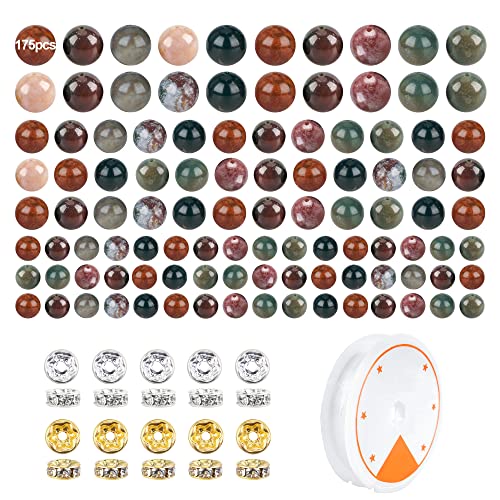 175PCS Indian Agate Beads,6mm 8mm 10mm Bulk Round Nature Crystal Chakra Beads Genuine Indian Bloodstone Beads for DIY Bracelet Necklace Jewelry Making with Crystal Spacer Beads Strings