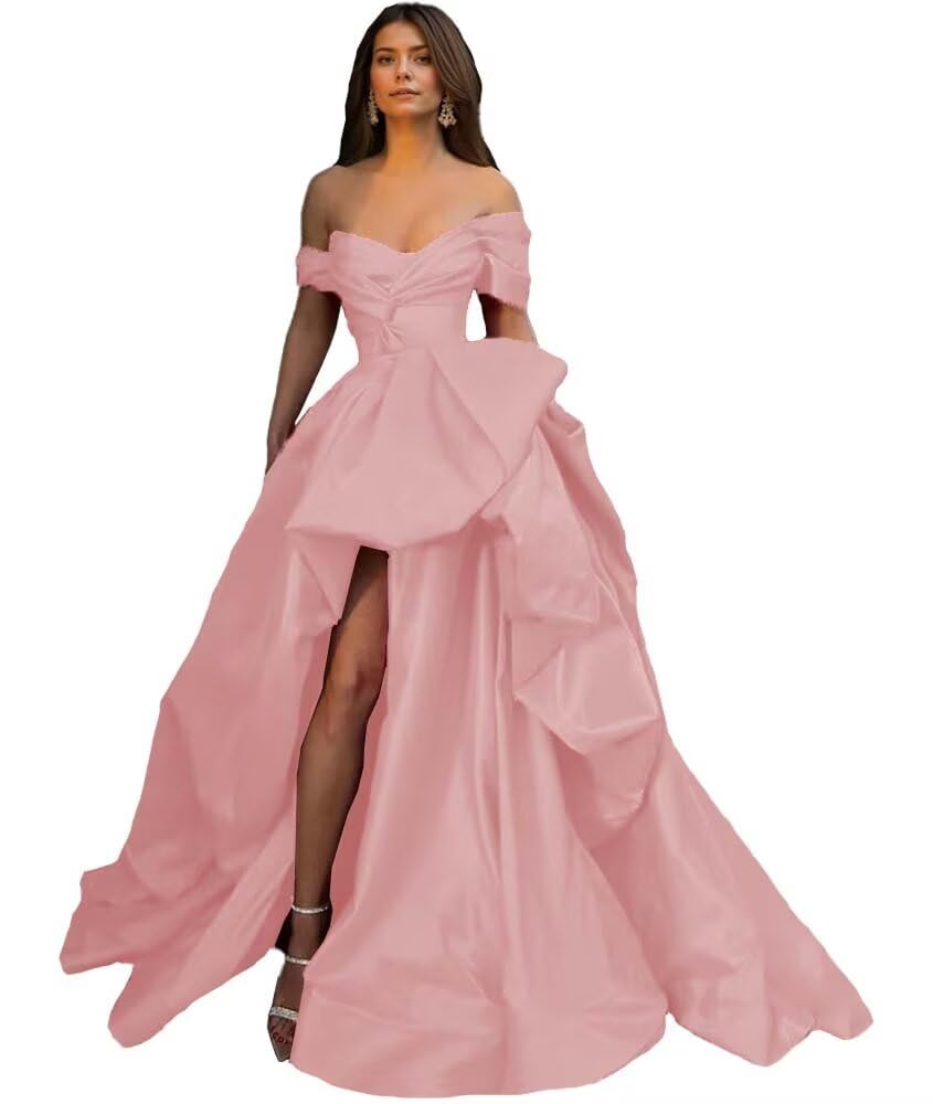 WAREKEAN Off Shoulder Ruched Formal Evening Party Dress High Low Satin Prom Gown 2026 Pleated Wedding Guest Dresses with Slit