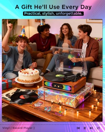 Bluetooth Record Player with RGB Lights, 3-Speed Belt-Drive Turntable with Built-in Stereo Speakers, Bass/Treble Control, Auto Stop, AUX in/Out, RCA Out, Retro Wood Vinyl Player for Home & Gift Use - Les Beatles, Paul McCartney, John Lennon, RIngo Starr, George Harrison Bluetooth Record Player with RGB Lights, 3-Speed Belt-Drive Turntable with Built-in Stereo Speakers, Bass/Treble Control, Auto Stop, AUX in/Out, RCA Out, Retro Wood Vinyl Player for Home & Gift Use – Image 6