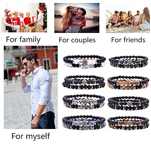 Hyhoney 8 Set Micro Pave Zircon Beads Bracelet For Men Women 6Mm Beads Couples Bracelet Handmade Natural Stone Beaded Elastic Adjustable Bracelet #TOP5