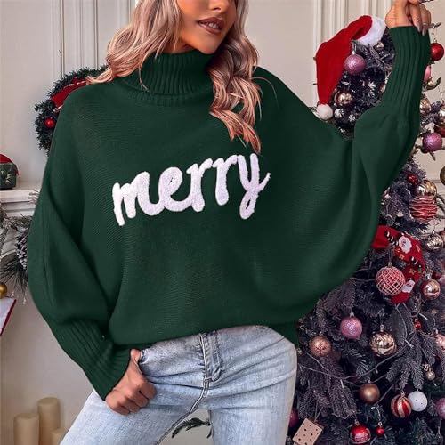 iTranyee Women Ugly Christmas Oversized Turtleneck Pullover Sweater Cute Merry Print Batwing Sleeve Loose Jumper Fall Outfits2