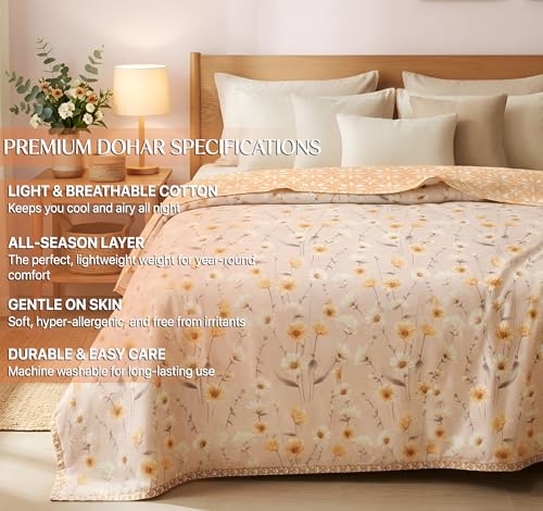 Image of HOMEKART Luxury Cotton Dohar Blanket for Double Bed | Ultra Soft Reversible AC Quilt | Floral Printed Lightweight Summer Blanket | 88x85 Inches (Peach Blossom Harmony)