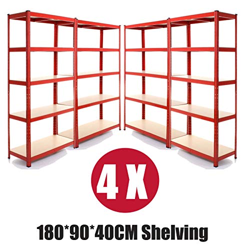 Bowose 180x90x40CM Heavy Duty Garage Shelving Units 5 Tier Storage Shed Racking 175KG Load Capacity Per Shelf for Greenhouse Workshop Store Office Home, Red, Pack of 4