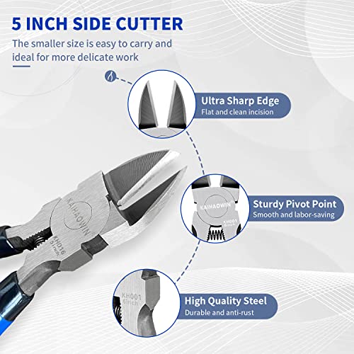 Image of Wire Cutters 5 inch, 5 Pack KAIHAOWIN Precision Flush Cutters Ultra Sharp Wire Cutters for Crafting Side Cutters Wire Snips Spring Loaded Dikes Wire Cutter for Jewelry Making, Blue with Black Handle