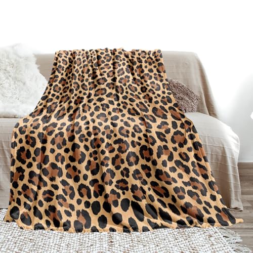 Leopard Print Flannel Throw, Super Soft Fluffy Plush Blanket for Bed Sofa Travel, All Seasons Cozy 50"x40"