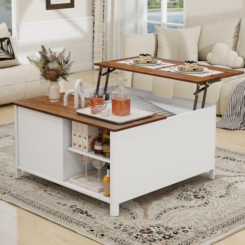 YU YUSING Couchtisch Höhenverstellbar Wohnzimmertisch mit Stauraum, Beistelltisch Kaffeetisch Quadratischer mit Verstecktem, Modern Sofatisch umwandelbar in Esstisch für Wohnzimmer/Büro, 80x80cm – Bild 8