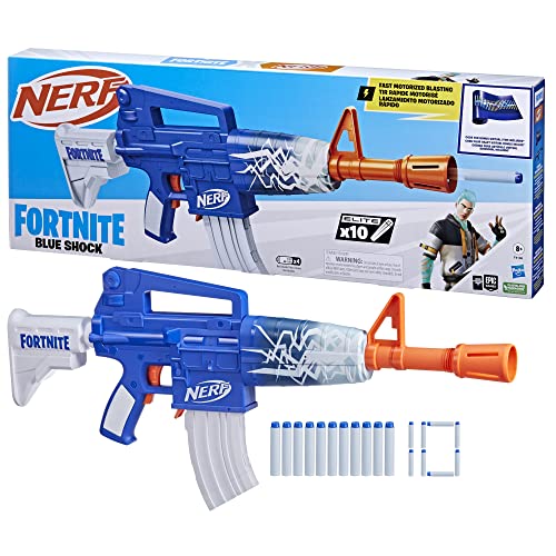 Nerf Fortnite Blue-Shock Blaster, 10-Dart Clip, 10 Elite-Nerf Darts, inklusive Bonuscode zum Freischalten des Beat Wrap im Spiel, motorisierter Dart-Blaster