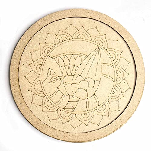 Image of Adikala Peacock MDF Engraved Design Wall Plate Base With Frame Cutout for DIY Craft