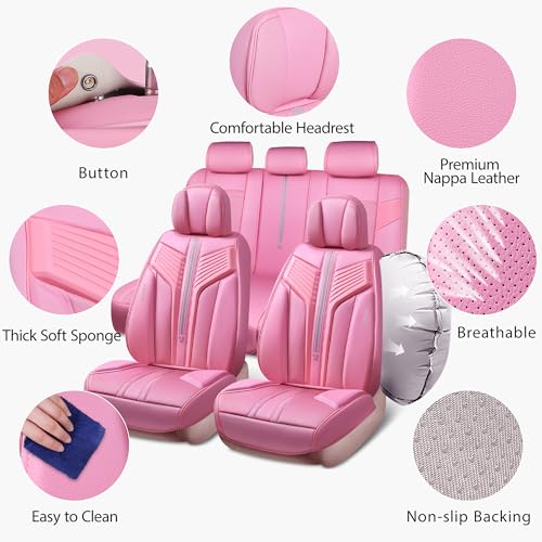 Image of CAR PASS Pink Nappa Leather Seat Covers, Cute Girly Car Seat Covers Full Set for Women, Luxury 3D Sponge Support Waterproof Car Seat Protector, Universal Fit SUV Pick-up Truck Sedan Automotive