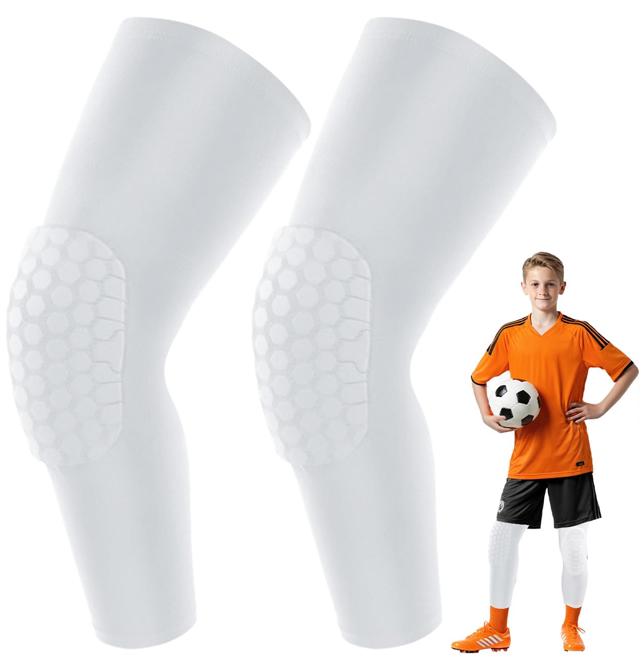 Kecartu Knee Compression Pads for Kids Boys & Girls, 2 Pack Knee Brace with Honeycomb Padding for Football, Basketball, Volleyball, Gym, Running - Knee Sleeve for Injury Protection (White, XS)