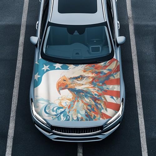 Image of USA Flag Bald Eagle Car Hood Cover Protector Car Hood Wraps Auto Patriotic Decorations Automotive Exterior Accessories for Most SUVs Sedans Trucks Jeep