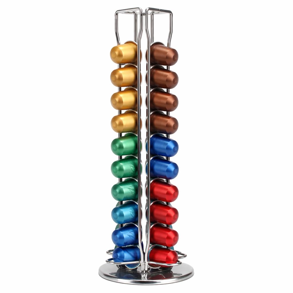 Pwrco Silver Coffee Capsule Holder Rack, 40 Pod Rotating Tower, 360° Spin Coffee Pod Organiser Compatible With Originalline Capsules Alloy Steel Polished Finish Solid Base Countertop Storage