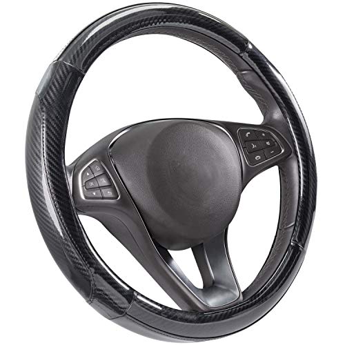 SEG Direct Steering Wheel Covers Bright Black Carbon Fiber Pattern Universal Standard Size 14 1/2''-15''