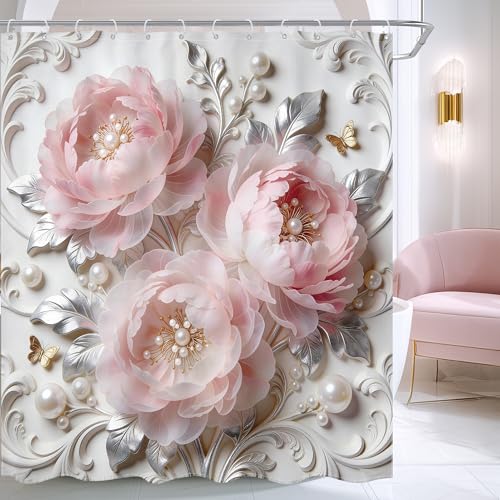 Ufeela Extra Long Pink Floral Shower Curtain 72Wx84L Inch Abstract