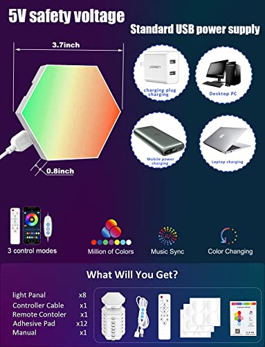 ACNCTOP-Hexagon-Lights-Gaming-Wall-Panels-8-Pack-Hexagon-LED-Lights-with-APP-and-Remote-Smart-Modular-RGB-Panel-Hex-DIY-Glide-Expansion-Shapes-Lighting