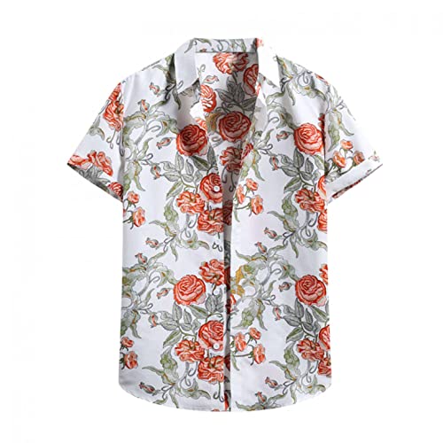 Men's Short-Sleeve Printed Hawaiian Shirt Men's Cardigan Shirt Men's Turtleneck Rose Flower Printed Holiday Shirts