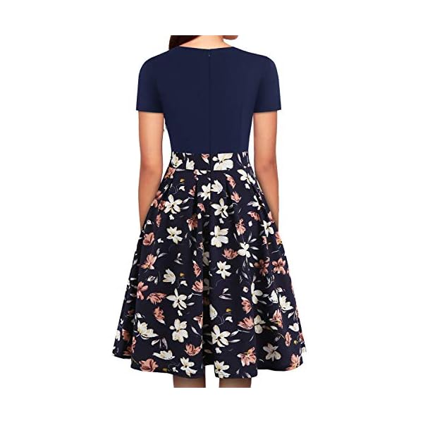 YATHON Vintage Party Dresses for Women Elegant Flower Print Pockets Short Sleeve Knee-Length Casual Swing Dresses for Junior Wedding Party (L, YT018-Navy Floral 01)