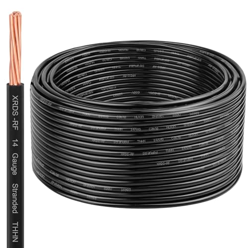 Image of XRDS -RF 14 AWG 100FT THHN Stranded Wire - Nylon Insulated Pure Copper Electrical Cable for DIY Projects - Black - 600V Rated