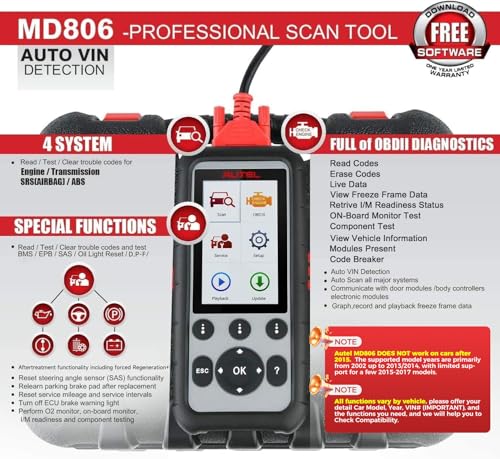 Autel MaxiDiag MD806 OBD2 Scanner, ABS SRS Engine Transmission 4 Systems Diagnostic Scan Tool, 7 Hot Service as MD808 Pro, Oil Reset D-P.F, EPB SAS BMS Throttle A/F, Up of MD805 MD802, Free Update - Image 3