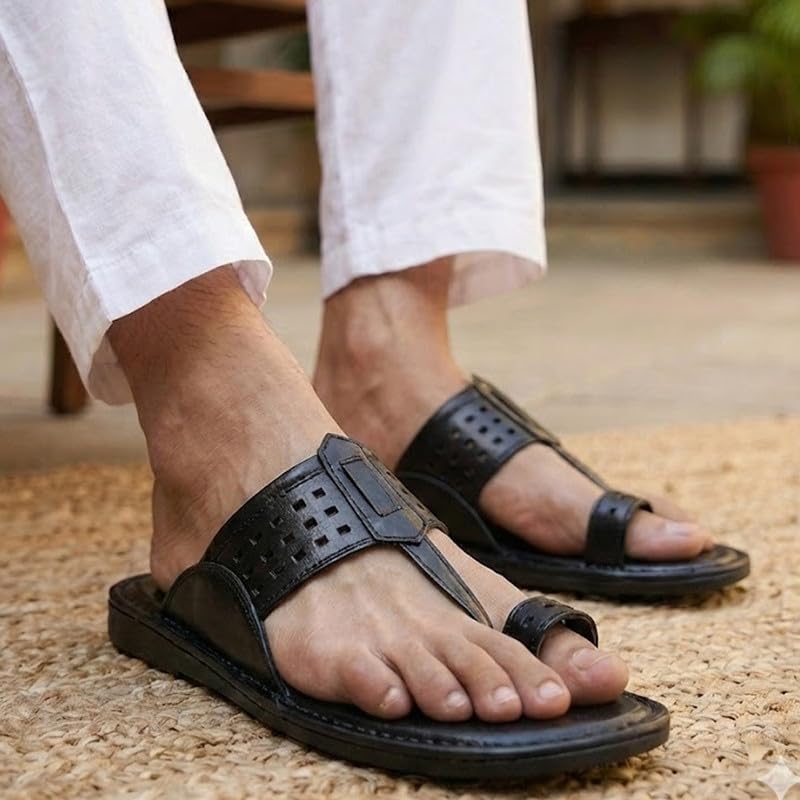 Image of FAUSTO Men Casual Outfit Kolhapuri Toe Ring Strap Ortho Slippers | Memory Cushioned Footbed | Ultra Lightweight and Comfort Slip On Slipper