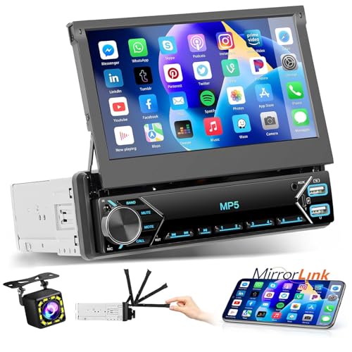 Hikity Autoradio 1Din mit Ausfahrbarem Bildschirm,7Zoll Manuell Einziehbarer Display 1 Din Radio mit Bluetooth Freisprecheinrichtung FM Type-C 2USB AUX Mirror Link SWC Rückfahrkamera