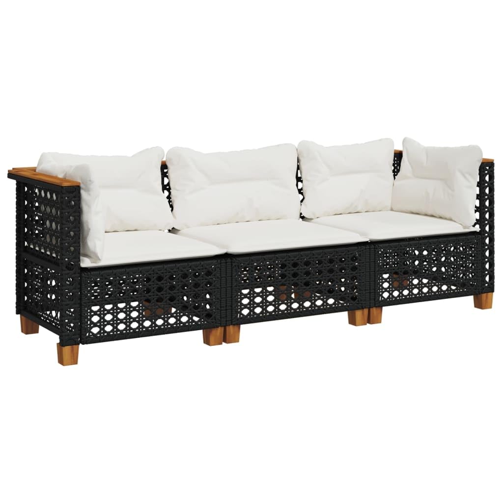 Gecheer Divano da Giardino a 3 Posti con Cuscini Nero in Polyrattan,Salotto da Giardino,Salotto da Esterno-PLC345