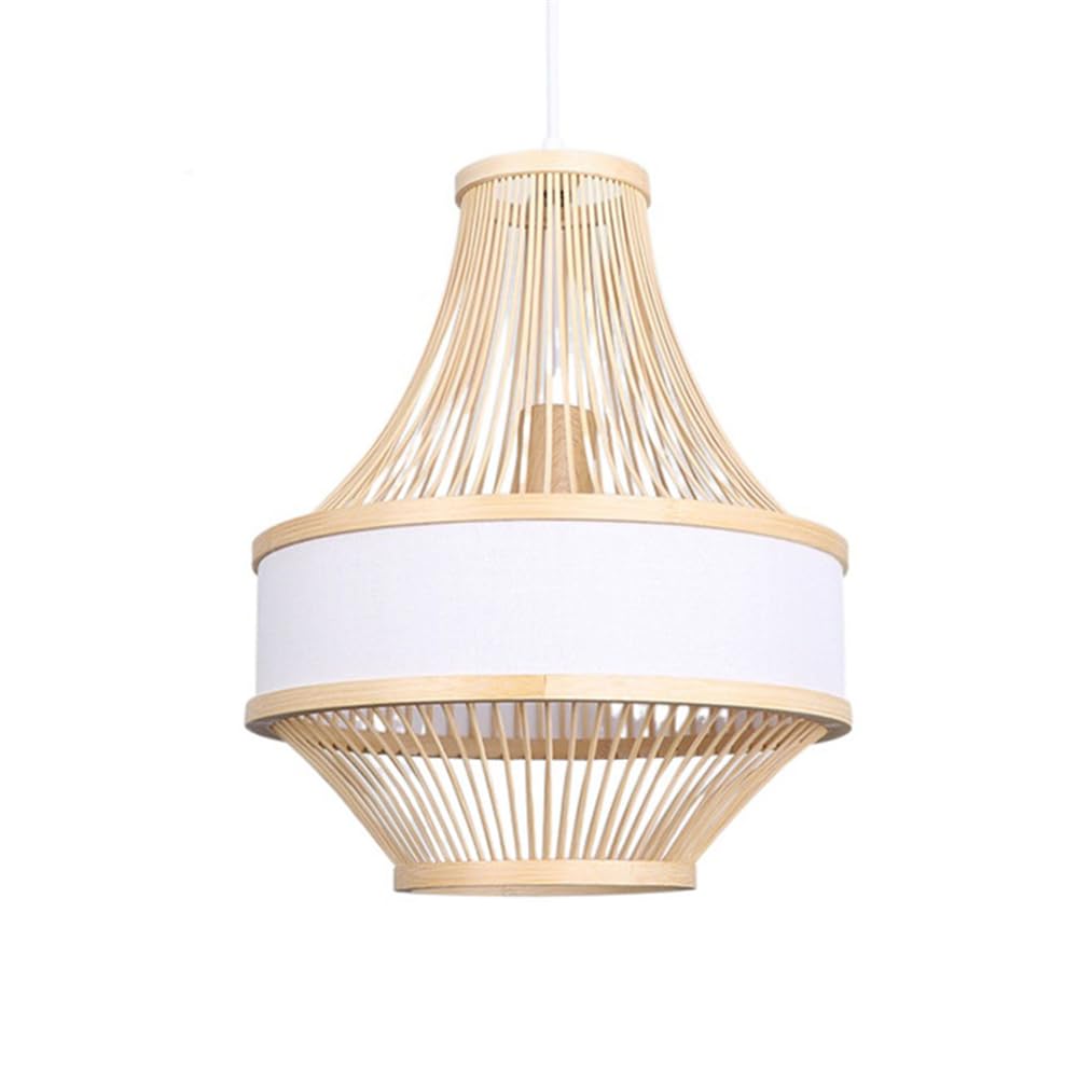 LYMSXAZOU Lighting Industrial Bamboo Pendant Light With Wood Canopy Lantern Boho 11.8" Rattan Chandelier Fixture For Living Room Dining Kitchen Hanging Ceiling