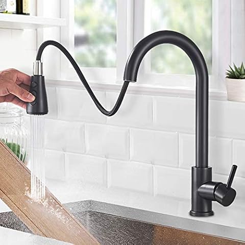 Onyzpily Kitchen Tap Black with Pull Down Kitchen Sink Mixer Taps Single Handle 2 Water Mode Pause Function 360° Swivel Solid Brass Cover