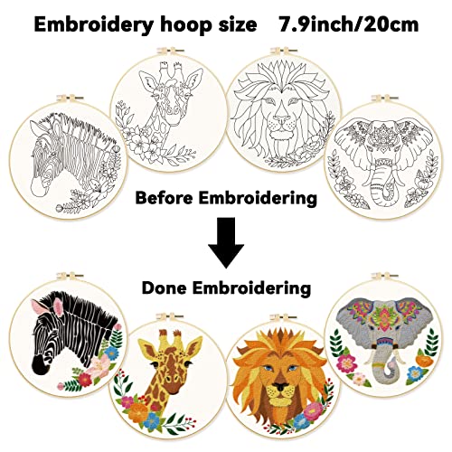 Image of ORIGACH 4 Pcs Wild Animal Embroidery Starters Kit for Beginners, Zebra Lion Elephant Giraffe Embroidery Stitch Practice kit Include Embroidery Cloth, Embroidery Hoops, Threads and Needles