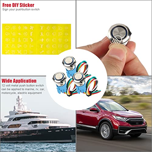 Linkstyle 3Pcs Push Button Switch, 19Mm Latching Push Button Switch 12V Waterproof Round Pushbutton Switch 19Mm 12 Volt Dc Ring Illuminated Metal On Off With Label Sticker For Marine Boat Cars Truck #TOP6