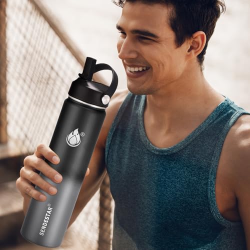 Image of Insulated Water Bottle 40 oz with Straw, Stainless Steel Wide Mouth Water Bottle, Double Wall Vacuum Leak Proof with Straw Lid & Spout Lid for Sports or Office, Keep Cold or Hot Up to 24 Hrs