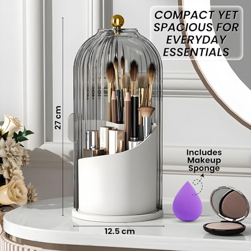 Image of OCEANEVO Cosmetic Makeup Brush Holder with Makeup Sponge, Dustproof Makeup Brush Organiser Stand with 360 Rotatable Lid - 12.5 x 27 Cm - White - 1 Year Warranty