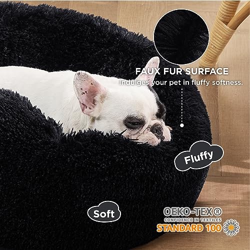 Image of Bedsure Calming Dog Bed for Small Medium Dogs - Donut Washable Medium Pet Bed, 27 inches Anti-Slip Round Fluffy Plush Faux Fur Cat Bed, Black