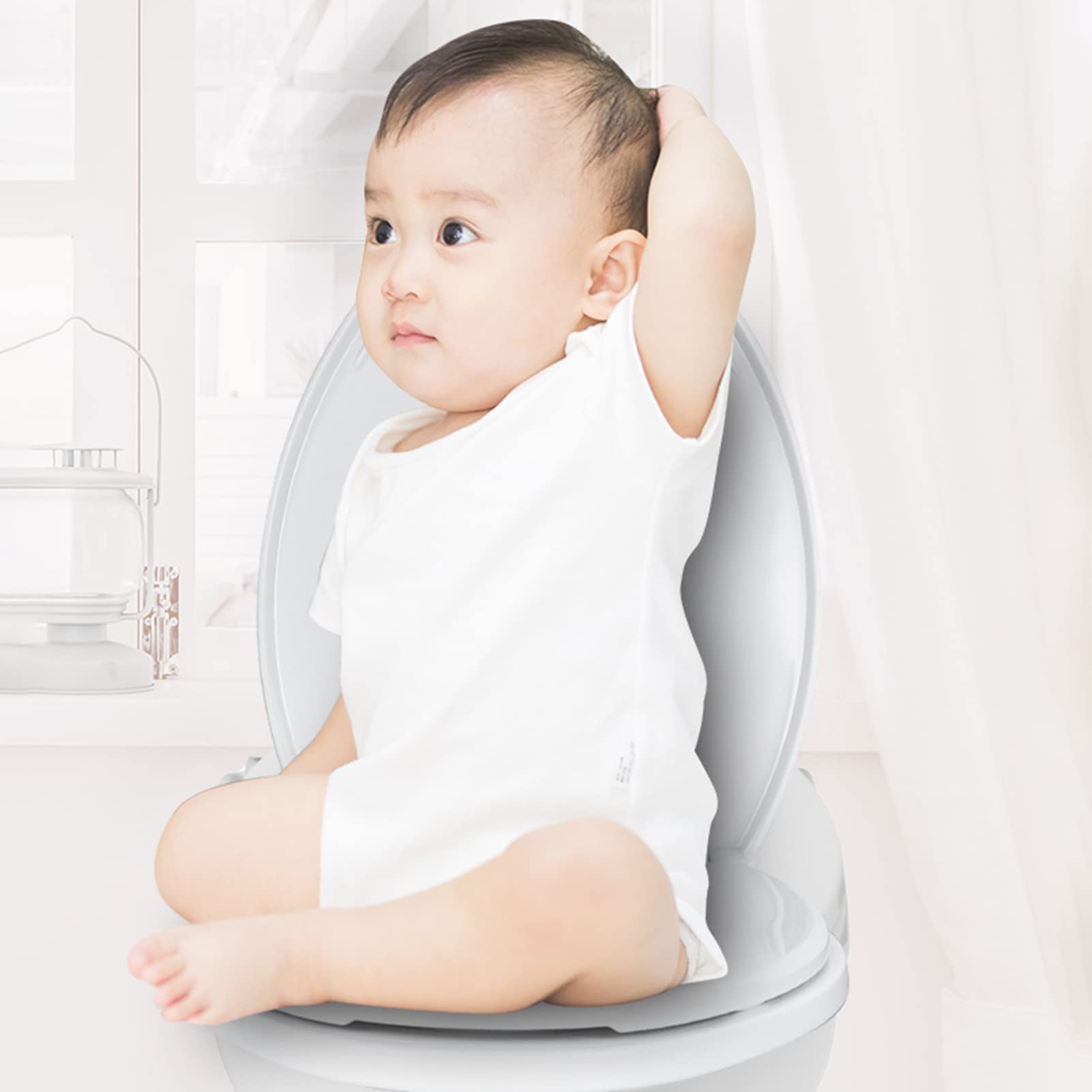 Sedile WC Rotondo in plastica, Sedile WC 2 in 1 con Chiusura Ammortizzata e Riduttore per vasino Integrato, Coperchio WC in plastica Resistente con robusti componenti, Bianco, B