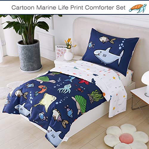 Image of PERFEMET 4 Pieces Twin Bed in A Bag Navy Blue Ocean Animal Themed Kids Comforter Set for Boys Girls Soft Reversible Marine Life Bed Set with Kids Sheets(Navy Blue, Sharks /Dolphins /Fish)