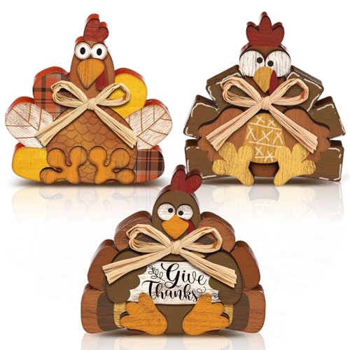 Ferraycle 3 Pcs Thanksgiving Turkey Decor Fall Decor Autumn Farmhouse Sign Rustic Tiered Tray Decorations Table Centerpieces Standing Wooden Block Sign for Halloween Home Kitchen
